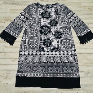 Alfani Sheath Dress Women’s Large Black White Floral Knee Length 3/4 Sleeve